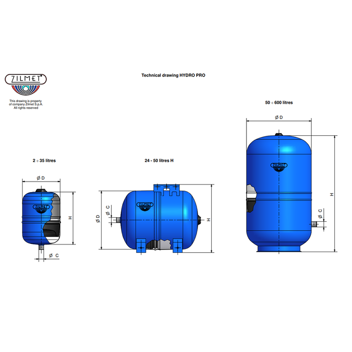 Zilmet Hydro-pro 1inch 24-litre, 50-litre Horizontal Potable-water Vessel  Bsp Fixed Membrane