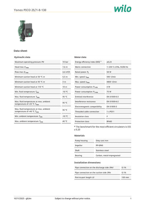 Wilo Yonos PICO 25/1 to 8 (130mm)