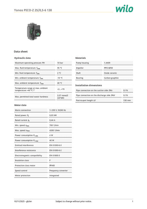 Wilo Yonos PICO-Z 25/0.5-6 130 Secondary Hot Water (Bronze) Pump