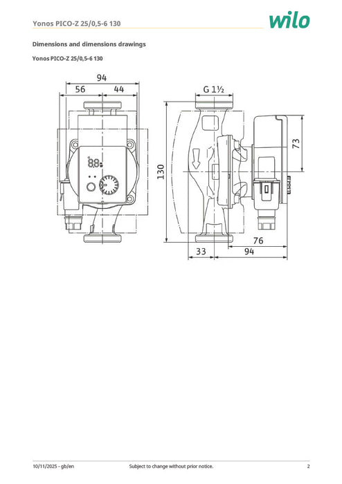 Wilo Yonos PICO-Z 25/0.5-6 130 Secondary Hot Water (Bronze) Pump