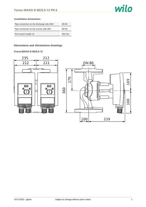 Wilo Yonos MAXO-D 80/0,5-12 PN6