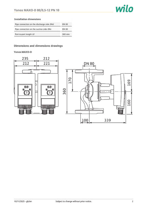 Wilo Yonos MAXO-D 80/0,5-12 PN10