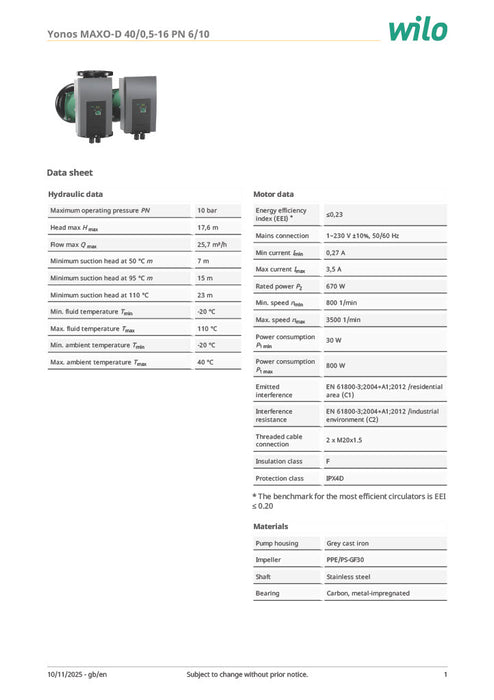 Wilo Yonos MAXO-D 40/0,5-16 PN6/10