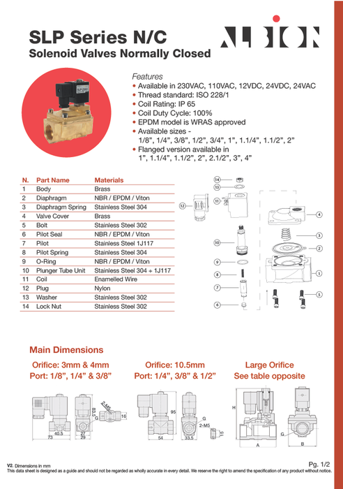 Brass Solenoid Valve (Normally Closed): NBR Diaphragm: Pilot Operated 2/2 way. 3/8inch - 2inch.