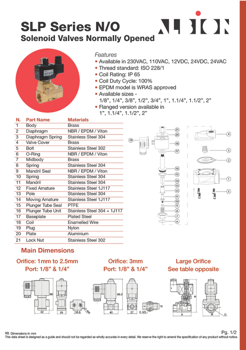 Brass Solenoid Valve (Normally Open): NBR Diaphragm: Pilot Operated 2/2 way. 3/8inch - 2inch.