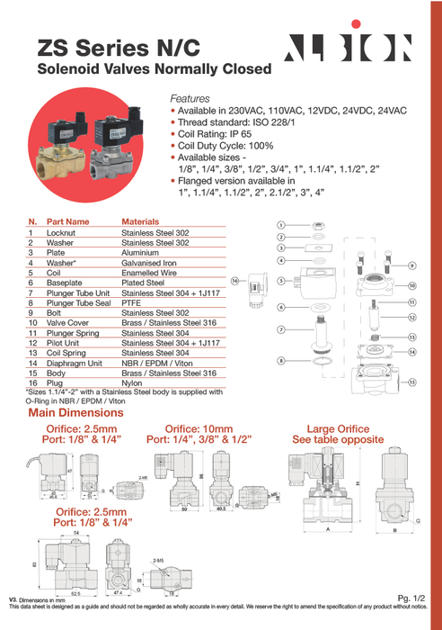 Brass Solenoid Valve (Normally Closed): NBR Diaphragm: Servo-Activated 2/2 way. 3/8inch - 2inch.
