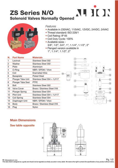 Brass Solenoid Valve (Normally Open): NBR Diaphragm: Servo-Activated 2/2 way. 3/8inch - 2inch.