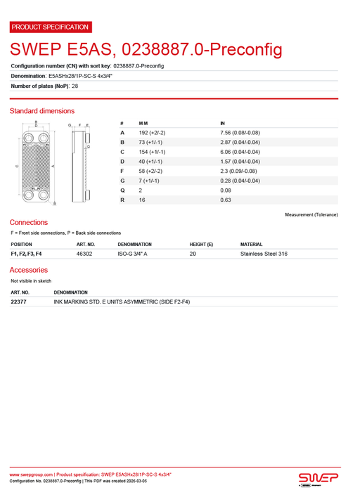 SWEP E5ASH 28 Plate Brazed Plate Heat Exchanger – 3/4" BSP (E5ASHx28)