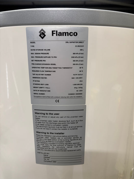 FLAMCO SUPASTOR 200L DIRECT Unvented Cylinder with 3 x 3kW Immersion Heaters