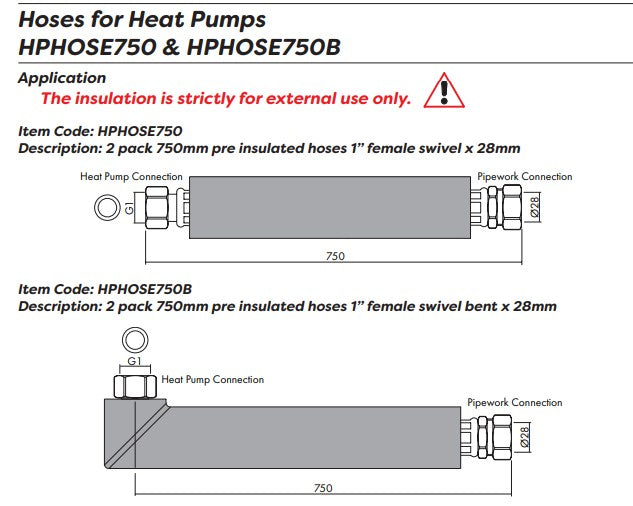 2 PACK 500MM PRE INSULATED HOSES 11/4" FEMALE SWIVEL ELBOW X 35MM