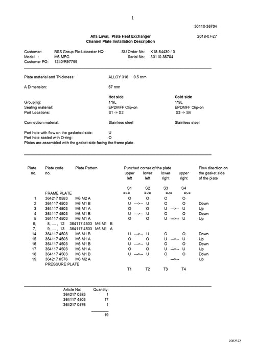 Alfa Laval M6-MFG Spare Parts 30110-36704 - Gasketed plate-and-frame heat exchanger