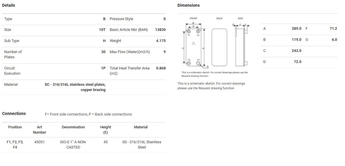SWEP B10THx40/1P-SC-S 4x1inch (45) BRAZED PLATE HEAT EXCHANGER