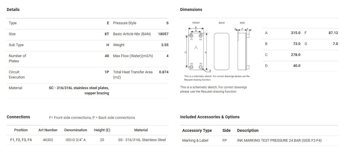 SWEP E8THx40/1P-SC-S 4x3/4inch (20) BRAZED PLATE HEAT EXCHANGER