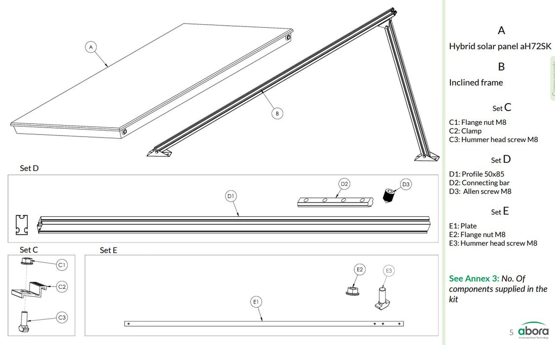 Solar PVT Panel Inclined Flat Roof / Ground Mount - Mounting Frame for Abora aH72SK