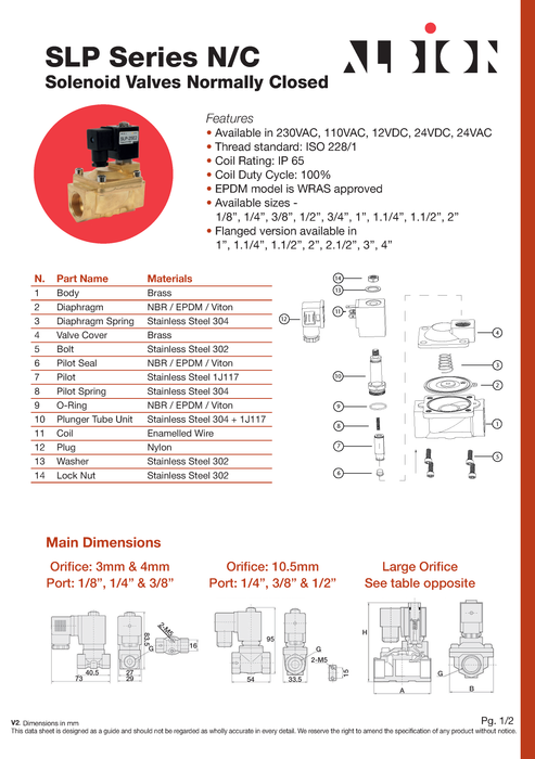 Brass Solenoid Valve (Normally Closed): EPDM Diaphragm: Pilot Operated 2/2 way. 3/8inch - 2inch.