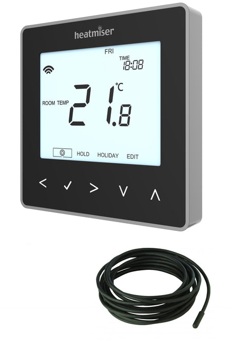 Heatmiser neoAir RF Black complete with Remote Sensor Probe - Wireless Smart Thermostat