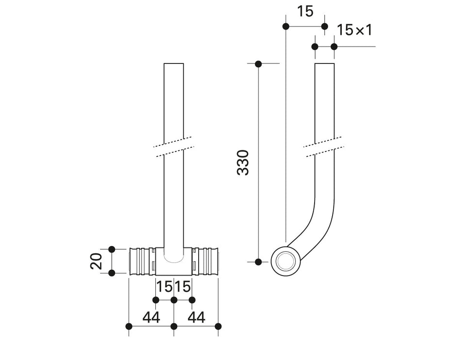 Alpex F50 PROFI radiator connection T-piece 15mm, 16mm, 20mm chrome