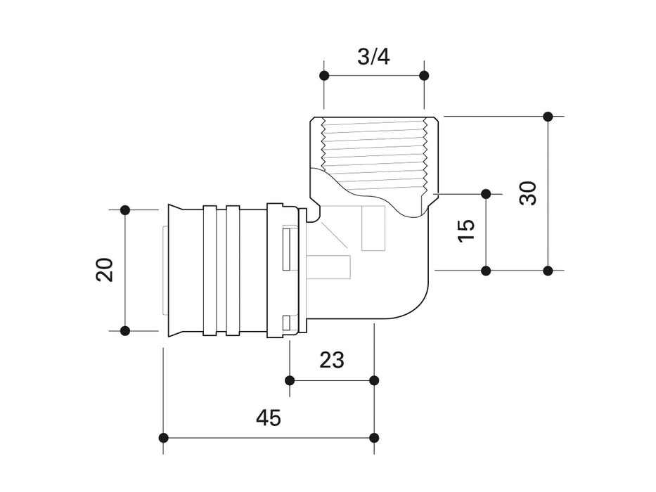 Alpex F50 PROFI adaptor elbow with F-thread 20mm -¾   Female Thread FT