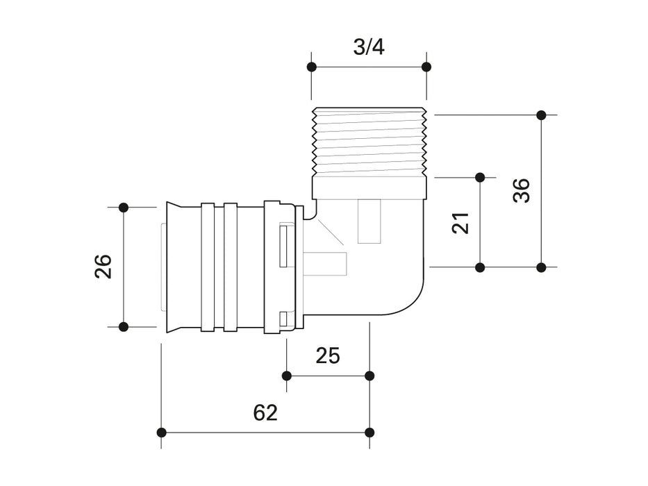 Alpex F50 PROFI adaptor elbow with male 26mm - ¾”MT