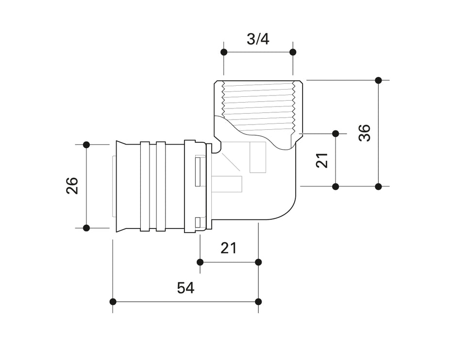 Alpex F50 PROFI adaptor elbow with female thread 26mm - ¾”FT