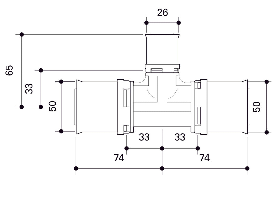 Alpex L PPSU T-piece 50mm - 26mm - 50mm