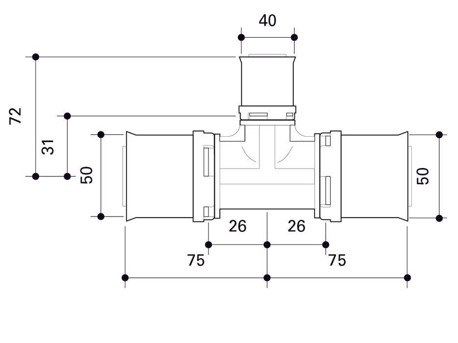 Alpex L PPSU T-piece 50mm - 40mm - 50mm