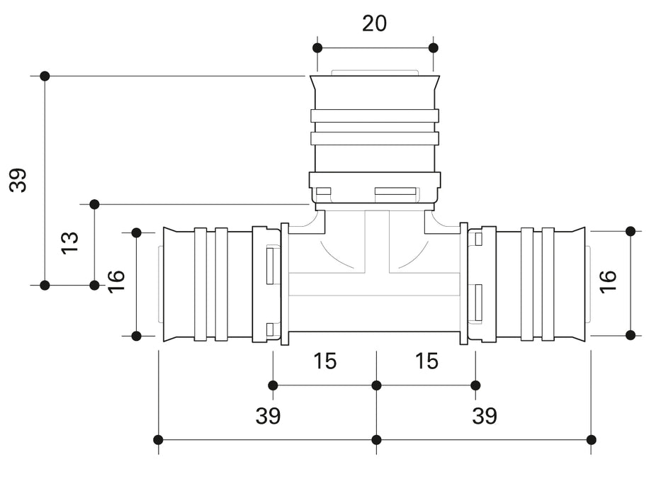 Alpex F50 PROFI PPSU T-piece 16mm - 20mm - 16mm