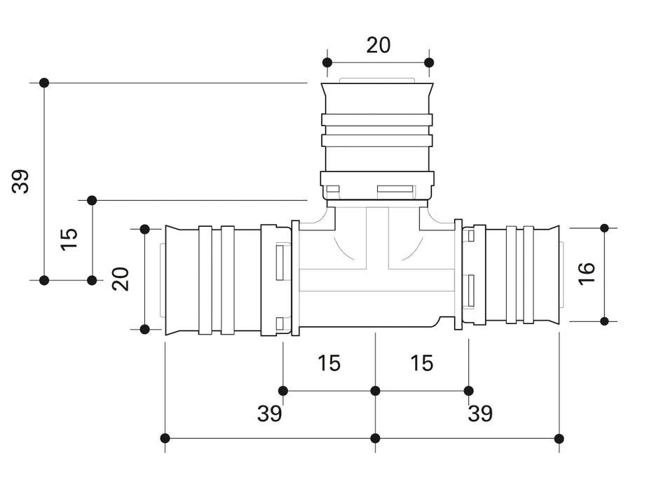 Alpex F50 PROFI PPSU T-piece 20mm - 20mm - 16mm