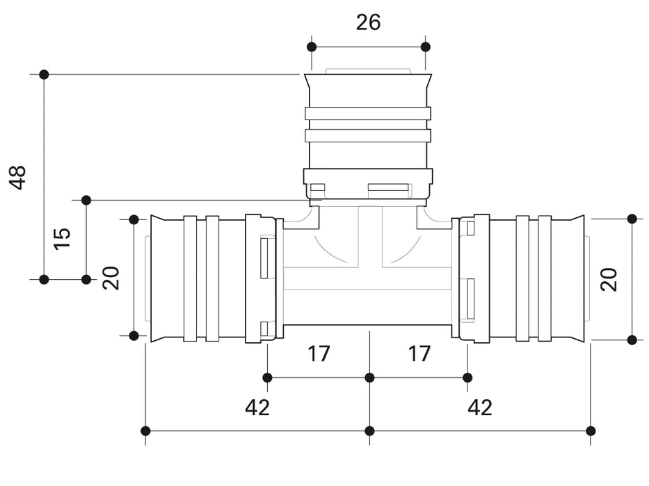 Alpex F50 PROFI PPSU T-piece 20mm - 26mm - 20mm