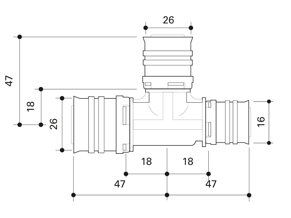 Alpex F50 PROFI PPSU T-piece 26mm - 26mm - 16mm