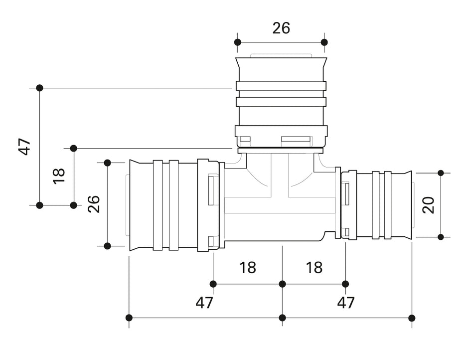 Alpex F50 PROFI PPSU T-piece 26mm - 26mm - 20mm