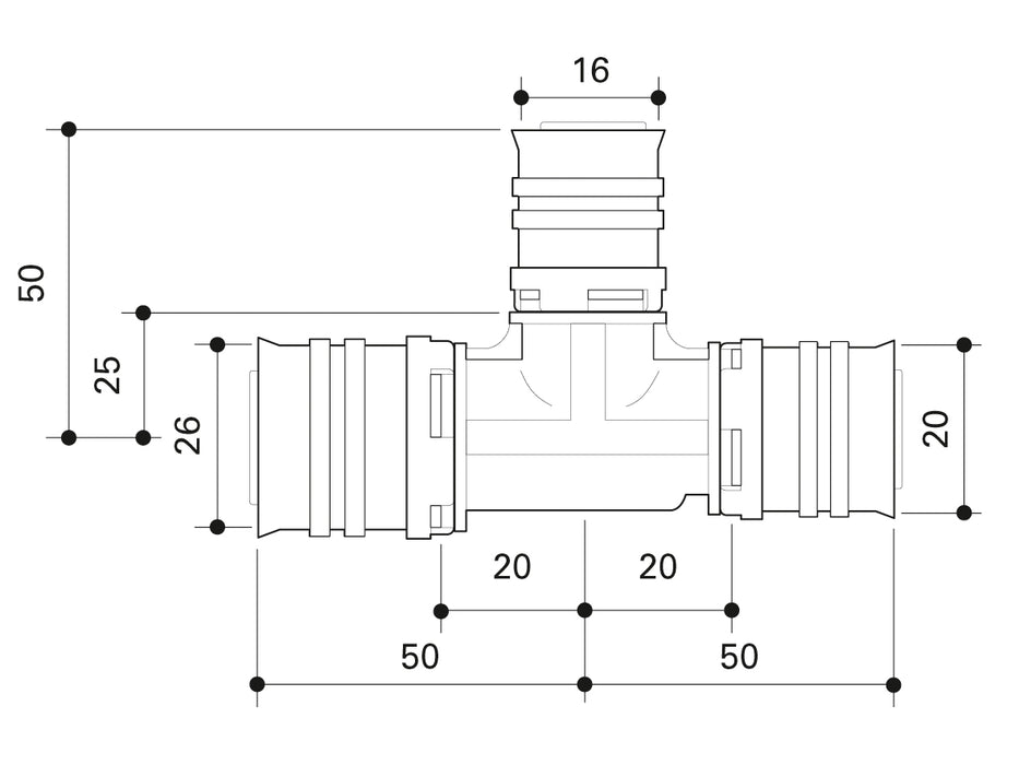 Alpex F50 PROFI PPSU T-piece 26mm - 16mm - 20mm