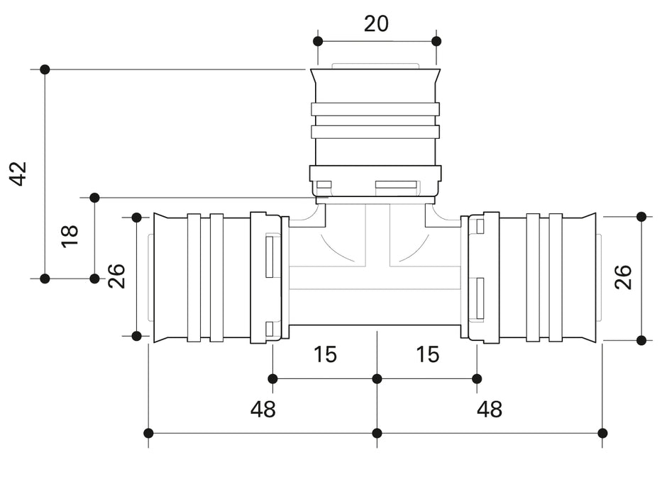 Alpex F50 PROFI PPSU T-piece 26mm - 20mm - 26mm