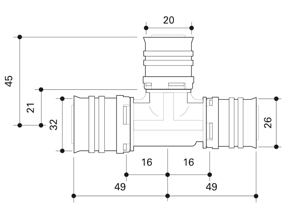 Alpex F50 PROFI PPSU T-piece 32mm - 20mm - 26mm