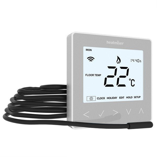 Heatmiser neoStat 12v Platinum Silver, Sensor Cable & Housing - Programmable Thermostat Hard Wired