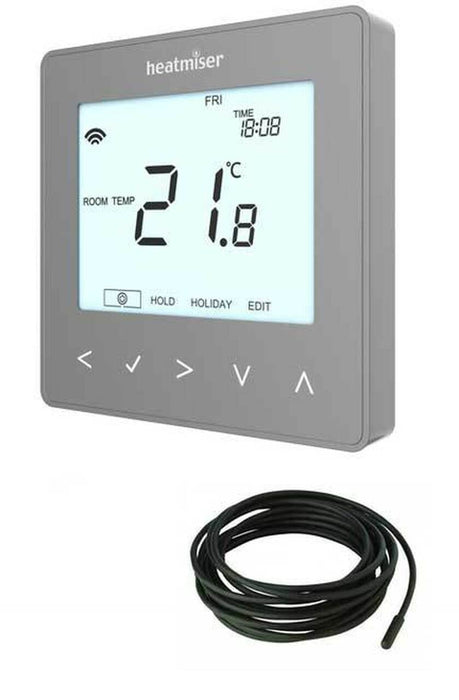 Heatmiser neoStat 230v Platinum Silver, Sensor Cable & Housing - Programmable Thermostat Hard Wired